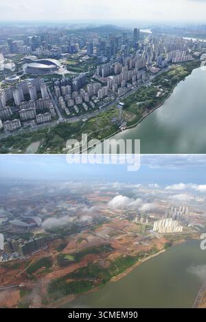 (250916) -- NANNING, 16 settembre 2025 (Xinhua) -- questa foto combinata mostra una vista aerea della città del nuovo distretto di Wuxiang di Nanning, nella regione autonoma Guangxi Zhuang della Cina meridionale il 6 settembre 2025 (sopra) e il 16 agosto 2015 (sotto). Nanning, sede permanente dell'Expo Cina-ASEAN, è un'importante porta di accesso per l'apertura della Cina e la sua cooperazione con i paesi ASEAN, nonché un fulcro fondamentale della zona economica del Golfo di Beibu. Negli ultimi anni, Nanning ha attivamente promosso il suo sviluppo economico e sociale di alta qualità, portando a una rapida urbanizzazione e a una continua espansione della città. Nanni Foto Stock
