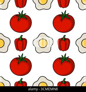 Motivo vettoriale senza cuciture con una allegra disposizione di uova fritte, pomodori rossi e peperoni, creando un design vivace e appetitoso ideale Illustrazione Vettoriale