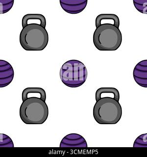 Motivo vettoriale senza cuciture con kettlebell alternati e palle mediche viola, un design giocoso ideale per sfondi a tema palestra o fitness-rela Illustrazione Vettoriale