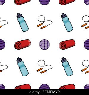 Motivo vettoriale senza cuciture con una disposizione giocosa di attrezzature per il fitness: Tappetini per yoga, corde per saltare, bottiglie d'acqua e palle da palestra, resi in un vibra Illustrazione Vettoriale