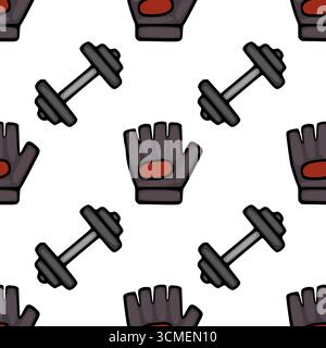 Motivo vettoriale senza cuciture con manubri disegnati a mano e guanti per sollevamento pesi, un design divertente per progetti a tema fitness. Illustrazione Vettoriale