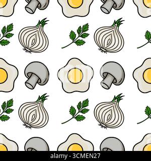 Motivo vettoriale senza cuciture con illustrazioni disegnate a mano di uova fritte, cipolle, funghi e rametti di prezzemolo, per creare un kit vivace e appetitoso Illustrazione Vettoriale