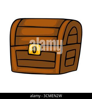 Un'affascinante illustrazione vettoriale di uno scrigno in legno in stile cartoni animati con lucchetto dorato, perfetto per libri per bambini, design di giochi o bizzarri br Illustrazione Vettoriale