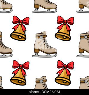 Motivo vettoriale senza cuciture con pattini beige e campane dorate con fiocchi rossi, un affascinante design per le vacanze invernali perfetto per le feste Illustrazione Vettoriale