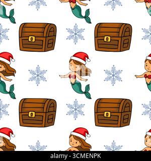 Motivo vettoriale senza cuciture con graziose sirene nei cappelli di Babbo Natale, forzieri in legno e delicati fiocchi di neve, perfetto per le feste invernali. Illustrazione Vettoriale