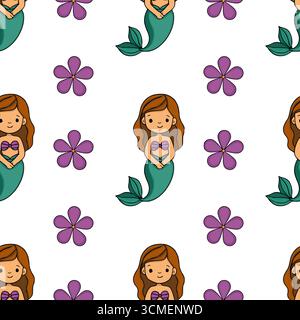 Motivo vettoriale senza cuciture con adorabili sirene cartoni animati con capelli marroni e code di tè, intervallate da fiori viola stilizzati su un dorso bianco Illustrazione Vettoriale