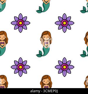 Motivo vettoriale senza cuciture con adorabili sirene cartoni animati con code di tè e fiori viola su sfondo bianco, ideale per i tessuti per bambini Illustrazione Vettoriale