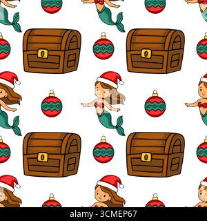 Motivo vettoriale senza cuciture con graziose sirene che indossano cappelli di Babbo Natale, forzieri in legno e ornamenti natalizi in un allegro disegno a mano Illustrazione Vettoriale