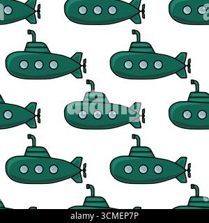 Motivo vettoriale senza cuciture di sottomarini color verde acqua stilizzati su sfondo bianco, perfetto per i tessuti per bambini o per il design a tema nautico. Illustrazione Vettoriale