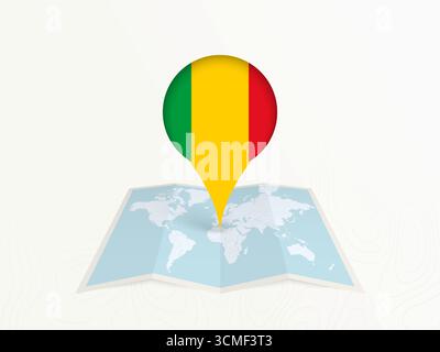 Spilla della mappa del Mali con bandiera nazionale sulla mappa del mondo aperto. Perfetto per l'uso in guide di viaggio, contenuti geografici, concetti di posizionamento globale e internazionali Illustrazione Vettoriale