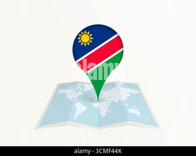 Spilla della mappa della Namibia con bandiera nazionale sulla mappa del mondo aperto. Perfetto per l'uso in guide di viaggio, contenuti geografici, concetti di posizionamento globale e internatio Illustrazione Vettoriale