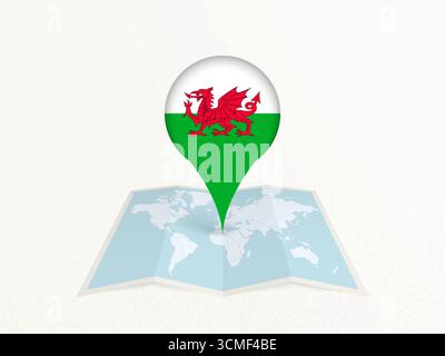 Pin della mappa del Galles con bandiera nazionale sulla mappa del mondo aperto. Perfetto per l'uso in guide di viaggio, contenuti geografici, concetti di posizionamento globale e internazionalità Illustrazione Vettoriale