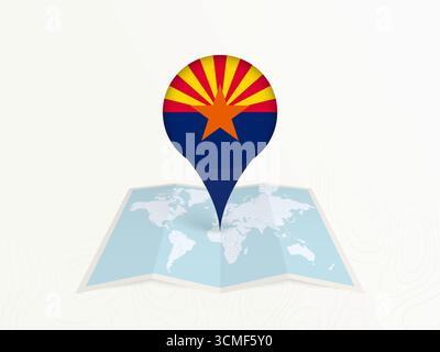 Spilla cartina Arizona con bandiera nazionale sulla mappa del mondo aperto. Perfetto per l'uso in guide di viaggio, contenuti geografici, concetti di posizionamento globale e internatio Illustrazione Vettoriale
