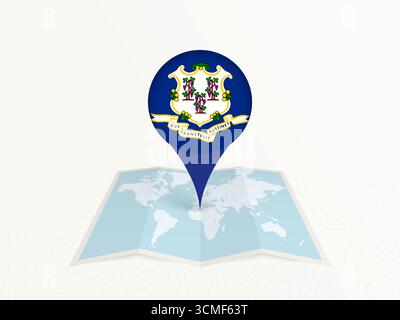 Spilla della mappa del Connecticut con bandiera nazionale sulla Mappa del mondo aperto. Perfetto per l'uso in guide di viaggio, contenuti geografici, concetti di posizionamento globale e stagista Illustrazione Vettoriale