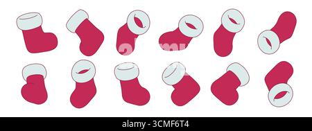 Set di calze natalizie e icone di stivali in stile illustrazione piatta e 3D isolate su sfondo bianco. Design minimalista vettoriale natalizio per Illustrazione Vettoriale