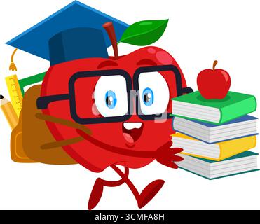 Carino personaggio Red Apple Student Cartoon con zaino e libri di testo che vanno a scuola. Disegno piatto dell'illustrazione vettoriale Illustrazione Vettoriale