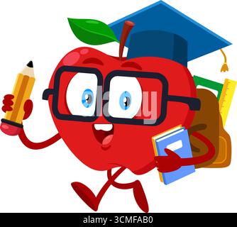 Carino personaggio carino Red Apple Student Cartoon con zaino che regge matita e libri di testo. Disegno piatto dell'illustrazione vettoriale Illustrazione Vettoriale