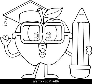 Happy Apple Teacher Cartoon Character Holding Big Pencil – illustrazione disegnata a mano in bianco e nero su sfondo trasparente Illustrazione Vettoriale