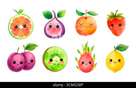Set Clipart Acquerello Fruits – illustrazioni di frutta tropicale e estiva dipinte a mano per la stampa e il design Foto Stock