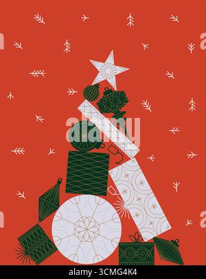 Albero di Natale realizzato con regali e illustrazioni di scatole con tema verde e bianco su sfondo rosso Illustrazione Vettoriale