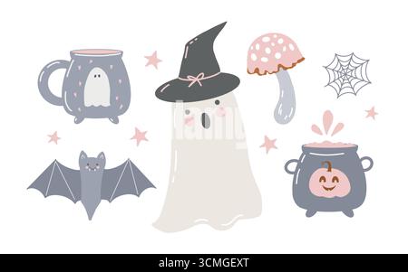 Set di simpatiche clip art di Halloween per bambini. Attributi fantasma e festività. Pistrello, calderone, ragnatela. Illustrazioni vettoriali disegnate a mano in stile cartoni animati. Illustrazione piatta vettoriale in tonalità rosa pastello e grigio. Illustrazione Vettoriale