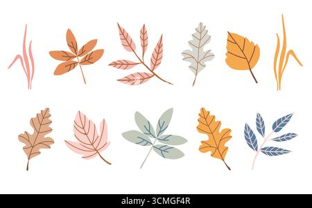 Collezione di foglie autunnali. Elementi di design di stagione. Foglie cadute disegnate a mano isolate su sfondo bianco. Set con illustrazioni fogliame. Illustrazione vettoriale nei toni rosa pastello, giallo e marrone. Illustrazione Vettoriale