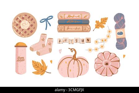 Accoglienti caratteristiche autunnali isolate su sfondo bianco. Set di clip art autunnali. Zucche, filati, foglie, libri, pasticcini, archi. Iscrizione Autunno. Illustrazione Vector Fall in tonalità rosa pastello, giallo e blu. Carini elementi autunnali. Illustrazione Vettoriale