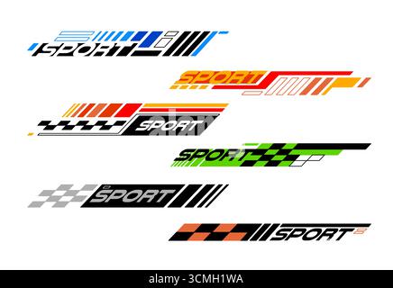 Collezione dinamica di decalcomanie e adesivi per auto da corsa con la parola SPORT e varie forme astratte e temi di corse livrea grafica automobilistica Illustrazione Vettoriale