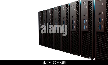 Rendering 3D di una riga dettagliata di server neri futuristici con porte blu brillanti isolate su sfondo bianco. Tecnologia visiva adatta per la rete Foto Stock