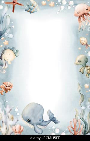 Graziosa balena, tartaruga, pesce cavalluccio marino, alghe marine. Mondo sottomarino. Illustrazione dipinta a mano ad acquerello adorabile cartolina di colore pastello per bambini Foto Stock