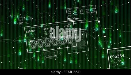 Pannello di interfaccia digitale mobile nello spazio virtuale, con layout della tastiera e flussi di cifre binarie Foto Stock