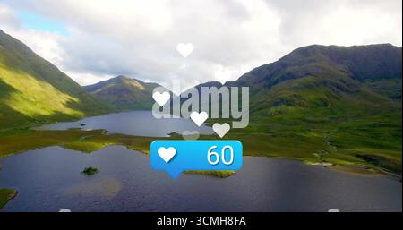 Sovrapposizione di bolle blu galleggianti che mostra il cuore bianco 60 sul lago di montagna, con cuori galleggianti Foto Stock