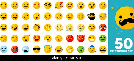 Set di 50 emoticon, diverse espressioni emoji del volto, felice, triste, arrabbiato, sorpreso, divertente e molto altro Illustrazione Vettoriale