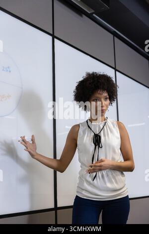 Donna afroamericana in abbigliamento business che presenta un grafico a torta su pannelli di lavagna bianca nella sala riunioni Foto Stock