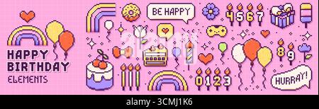 Pixel Y2K elementi per buon compleanno. Graziose icone colorate su sfondo rosa a scacchi. Illustrazione Vettoriale