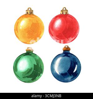 Illustrazione acquerello. Polpette multicolore lucenti sull'albero di Natale, isolate. Per decorare l'albero di Natale, la casa, le carte. Foto Stock