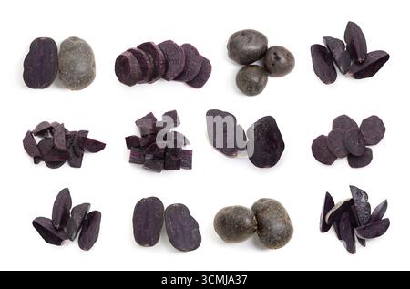 Patate viola crude isolate su collage bianco. Intero e tagliato Foto Stock