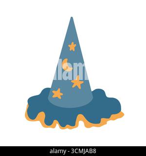Cappello mago blu con stelle dorate. Illustrazione piatta vettoriale isolata su sfondo bianco. Costume natalizio. Clipart dei bambini Illustrazione Vettoriale