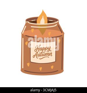 Candela profumata di zucca con iscrizione Happy Autumn. Accogliente candela autunnale in un vaso di vetro. Caldo arredamento stagionale, confezione autunnale. Illustrazione piatta vettoriale isolata su sfondo bianco. Elementi di arredo autunnale. Illustrazione Vettoriale