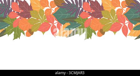Sfondo stagionale autunnale con lungo bordo orizzontale realizzato con foglie autunnali di colore dorato, rosso e arancione isolate sullo sfondo. Illustratore vettore autunnale Illustrazione Vettoriale