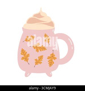 Illustrazione di una tazza rosa carina con panna montata. Tazza con foglie autunnali isolate su sfondo bianco. Illustrazione piatta vettoriale. Attributo autunnale Illustrazione Vettoriale