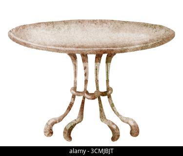 Tavolo rotondo in legno in stile acquerello, isolato. Tavolo singolo vecchio, legno di quercia o design retrò, oggetti d'arredo, cucina o ambiente bar, elemento semplice, clea Foto Stock