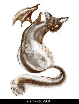 Gatto nero con ali di pipistrello in disegno ad acquerello. Personaggio felino demone in stile mitico. Halloween spaventoso animale isolato ritaglio illustrazione su bianco Foto Stock