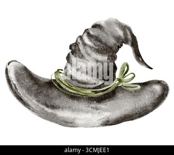 Cappello da strega, arte acquerello nero. Copricapo appuntito per Halloween, festa di ottobre, mago, stregone. Elemento clip art costume isolato per decorazione, horr Foto Stock