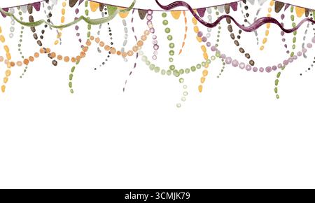 Cornice ad acquerello natalizio con corde, tinsel ed elementi di carnevale. Ideale per biglietti d'auguri, feste e inviti a eventi. Divieto orizzontale Foto Stock