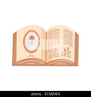 Libro aperto con illustrazioni di funghi. Accogliente attributo autunnale. Illustrazione piatta vettoriale. Bella clipart isolata su sfondo bianco Illustrazione Vettoriale
