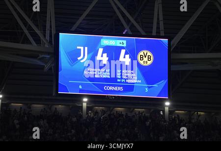 Torino, Italia. 16 settembre 2025. Il tabellone segnapunti finale durante la fase di UEFA Champions League 2025/26 tra Juventus FC e Borussia Dortmund allo Juventus Stadium il 16 settembre 2025 a Torino. (Foto di Chris ricco) credito: Chris ricco/Alamy Live News Foto Stock