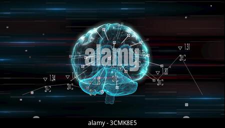 Visualizzazione del modello cerebrale a reticolo blu nell'interfaccia digitale, con puntatori ed etichette numeriche Foto Stock