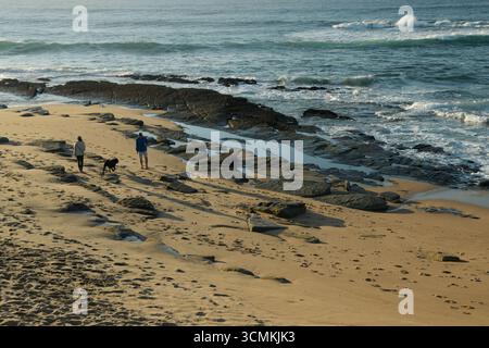 Uomo e donna che camminano con un cane sulla spiaggia la mattina presto, stile di vita attivo all'aperto, splendida spiaggia, uMdloti, KwaZulu-Natal, Sudafrica, paesaggio marino africano Foto Stock