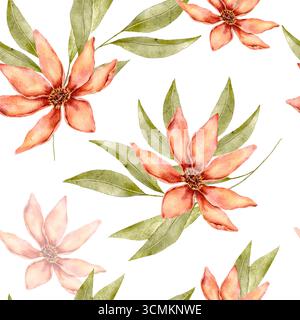Motivo floreale ad acquerello senza cuciture con fiori d'ispirazione autunnale in tonalità di pesca e Bordeaux, con foglie verdi tenui. Parte del set ore d'oro, perf Foto Stock